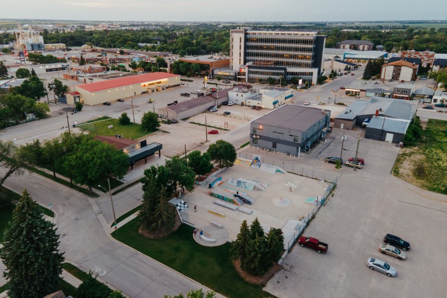 Aerial image of downtown Steinbach overlooking Lumber Avenue and Main Street.