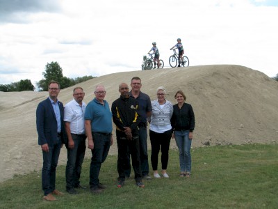 From left: Mayor Goertzen, Councillor Earl Funk, Councillor Jac Siemens, David Dorning, BMX Coach, Manitoba Cycling Assocation, Edwin Adrian, Parks and Recreation Lead Hand, Councillor Cari Penner, Councillor Susan Penner.