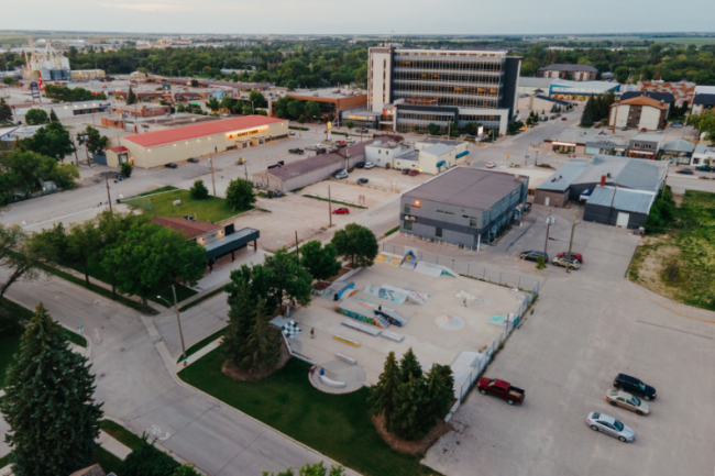 Aerial image of downtown Steinbach overlooking Lumber Ave and Main Street.
