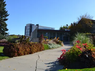 A photo of the walking path and gardens leading up to City Hall