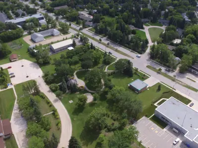 A distant drone photo of KR Barkman park and surrounding neighbourhood