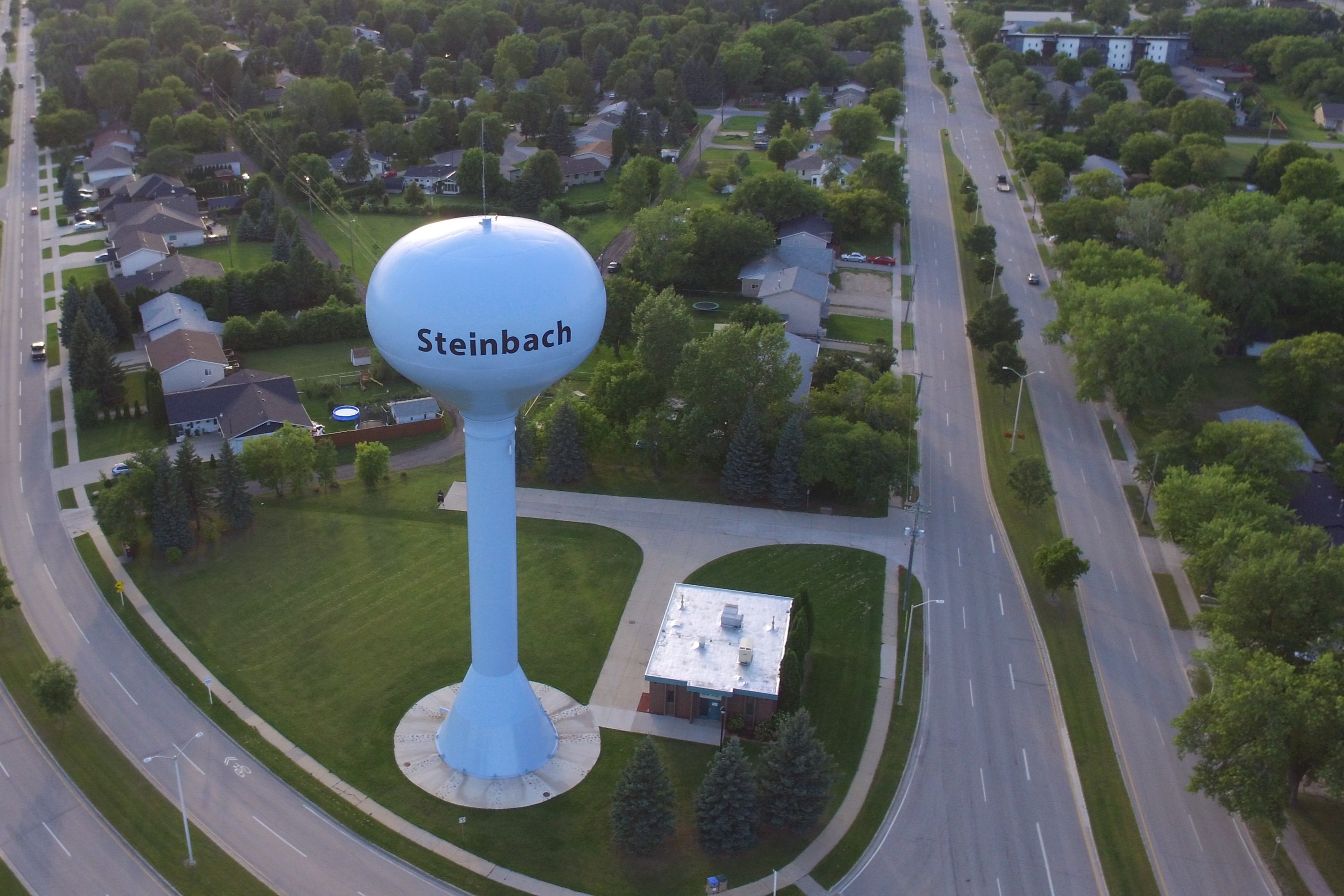 A drone photo of the Steinbach water tower and surrounding streets and neighbourhood