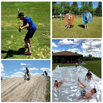 Collage of 4 images from past Steinbach Recreation Camps– top left: camper swinging a golf club, top right: two campers in bumper bubbles running at each other, bottom left: campers biking down Steinbach BMX track, bottom right: campers on a slip and slide at AD Penner Park.