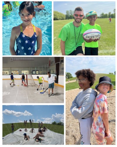 Collage of five photos including a girl at the swimming pool, a coach and boy with football, two campers standing back to back, campers sliding down a slip and slide, and campers playing floor hockey in the rink.
