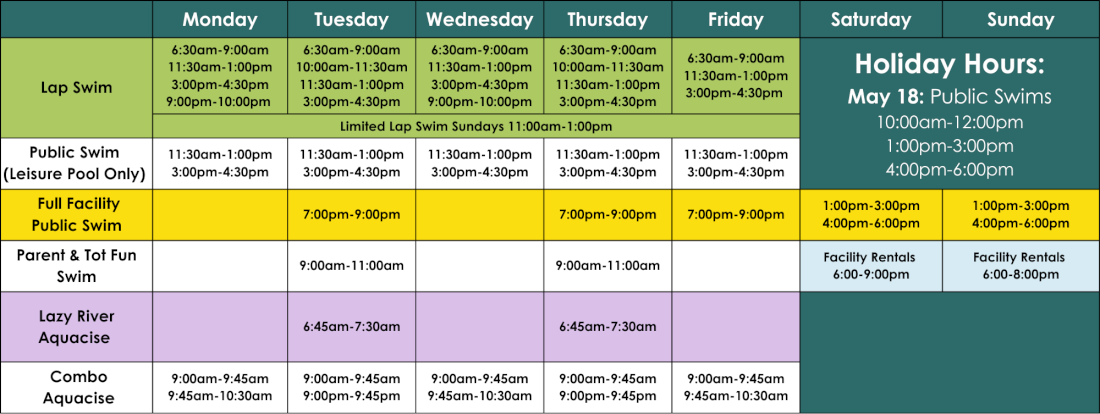 Pool schedule timetable for Spring 2026 (April 6-June 16). Linked to PDF of the Aquatic Centre's pool schedule for April 6-June 16.