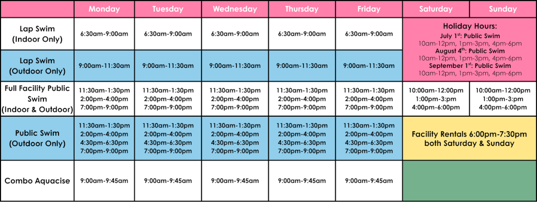 Pool schedule timetable for Summer 2025. Linked to PDF of the Aquatic Centre's Summer 2025 pool schedule.