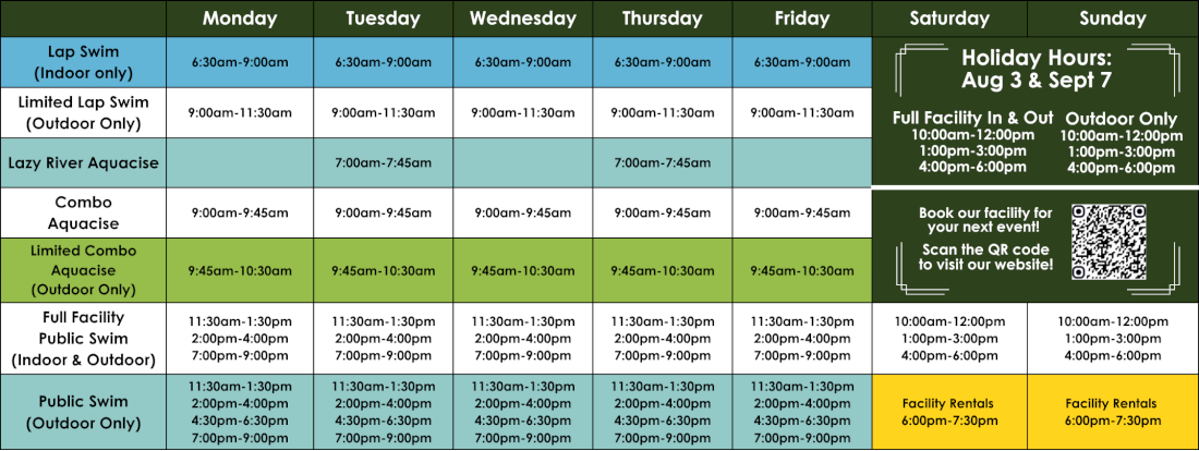 Pool schedule timetable for Summer 2026 (July 6-Sept 7). Linked to PDF of the Aquatic Centre's pool schedule for July 6 to September 7.