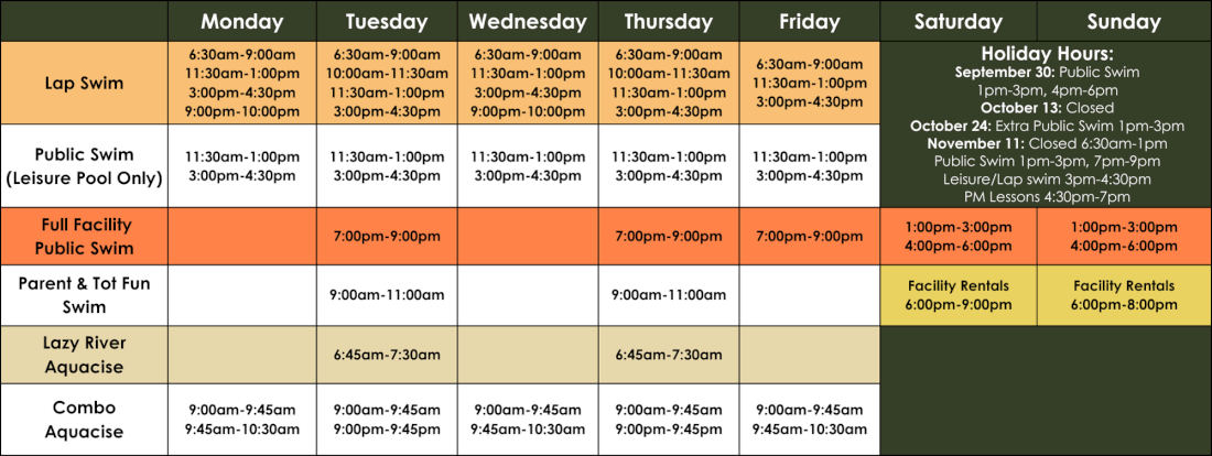 Pool schedule timetable for Fall 2025 (September 21-December 2). Linked to PDF of the Aquatic Centre's Fall 2025 pool schedule.