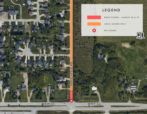 City of Steinbach map of road closure (depicted in red), the local access area (in orange), and no-access point (red &ldquo;X&rdquo;) on Herschfeld Road north of Main Street, scheduled for August 26.