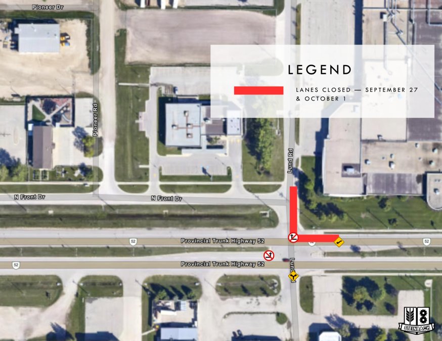 City of Steinbach map of lane closures (depicted in red) on westbound Main St (approaching Lund Rd) and on Lund Rd (between Main St and north of N Front Dr) scheduled for September 27 & October 1.