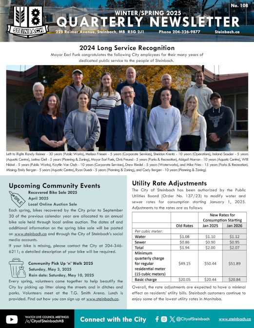 Page 1 of the City of Steinbach's 2025 Winter-Spring Newsletter (linked to file).