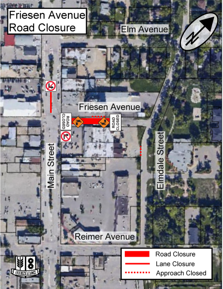 Map of the road closure on a portion of Friesen Avenue between Main Street and Elmdale Street, just north of the first approach onto 231 Main Street.