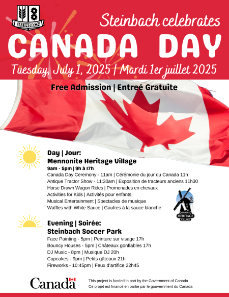 Poster for "Steinbach Celebrates Canada Day" on Tuesday, July 1, 2025. Linked to PDF file | Affiche pour « Steinbach célèbre la fête du Canada » le mardi 1er juillet 2025. Lien vers le fichier PDF