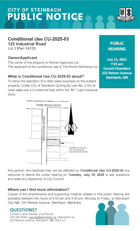 Page 1 of the Public Notice outlining Conditional Use CU-2025-03 (linked to file).