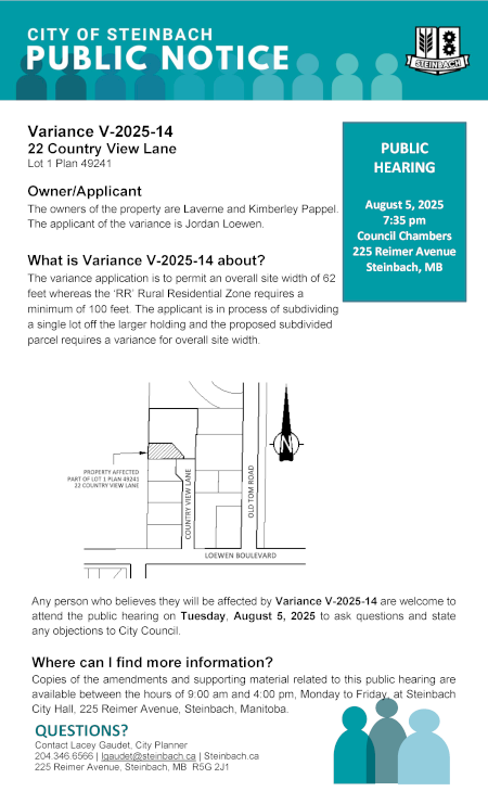 Page 1 of the Public Notice outlining Variance V-2025-14 (linked to file).