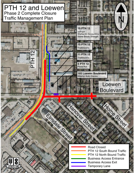 Map of traffic update to the Loewen Boulevard and PTH 12 intersection and surrounding area; linked to PDF of map.