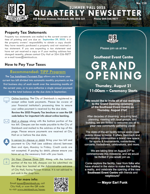 Page 1 of the City of Steinbach's 2025 Summer-Fall Newsletter (linked to file).