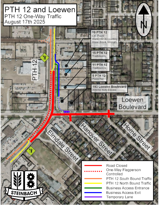 Map of traffic update to the Loewen Boulevard and PTH 12 intersection and surrounding area; linked to PDF of map.