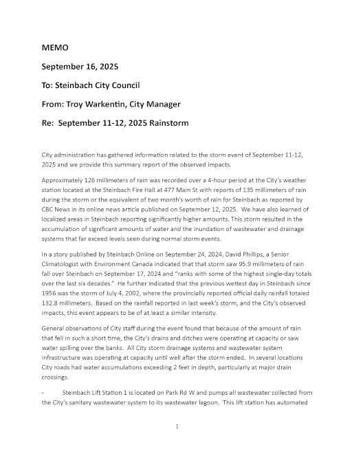Page 1 of the Memo presented to City Council regarding the September 11-12, 2025 Rainstorm. Image is linked to the PDF version of the memo.