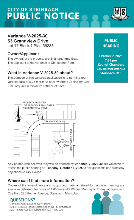 Page 1 of the Public Notice outlining Variance V-2025-30 (linked to file).