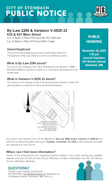 Page 1 of the Public Notice outlining By-Law 2266 & Variance V-2025-32 (linked to file).