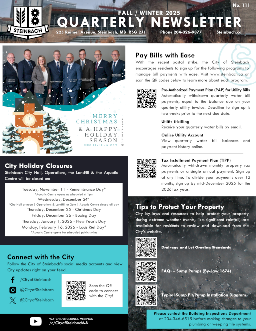 Page 1 of the City of Steinbach's 2025 Fall Winter newsletter; linked to PDF of file.