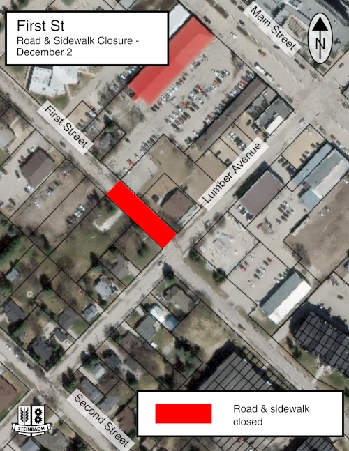 Map of First Street and Lumber Avenue intersection outlining a road and sidewalk closure on a short portion of First Street, west of Lumber Avenue.