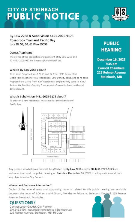 Page 1 of the Public Notice outlining By-Law 2268 & Subdivision 4451-2025-9173 (linked to file).
