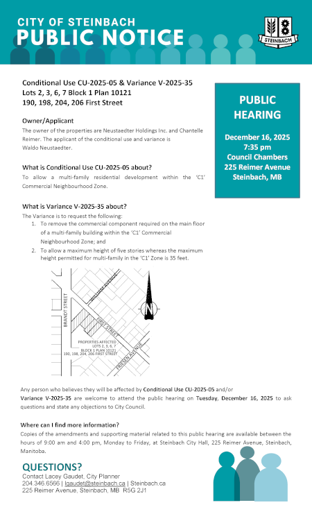 Page 1 of the Public Notice outlining Conditional Use CU-2025-05 & Variance V-2025-35 (linked to file).
