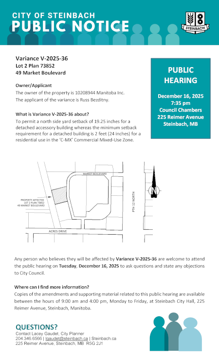 Page 1 of the Public Notice outlining Variance V-2025-36 (linked to file).