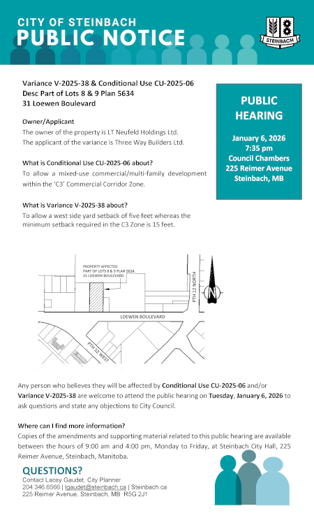 Page 1 of the Public Notice outlining Variance V-2025-38 & Conditional Use CU-2025-06 (linked to PDF file).