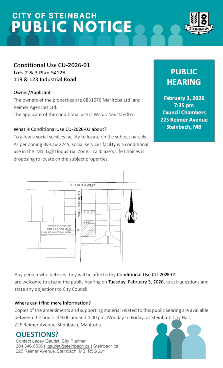Page 1 of the Public Notice outlining Conditional Use CU-2026-01 (linked to file).