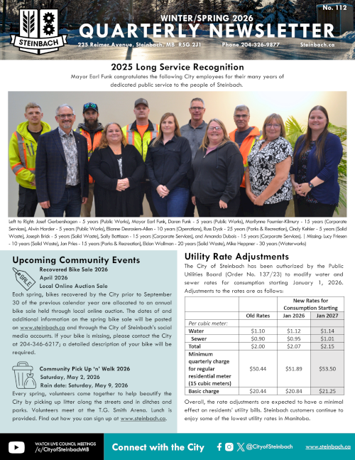 Page 1 of the City of Steinbach's 2026 Winter-Spring newsletter; linked to PDF of file.