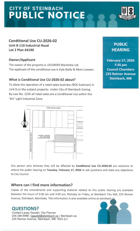 Page 1 of the Public Notice outlining Conditional Use CU-2026-02 (linked to file).