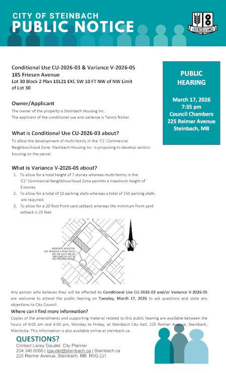 Page 1 of the Public Notice outlining Conditional Use CU-2026-03 & Variance V-2026-05 (linked to file).