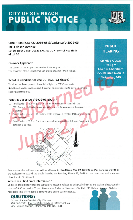 Page 1 of the Public Notice outlining Conditional Use CU-2026-03 & Variance V-2026-05 (linked to file).