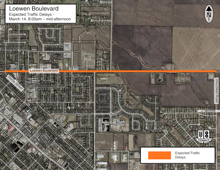 Map of Loewen Boulevard traffic delays expected on Saturday morning, March 14, starting at 8am to mid-afternoon, east of Home Street. Linked to PDF of map.