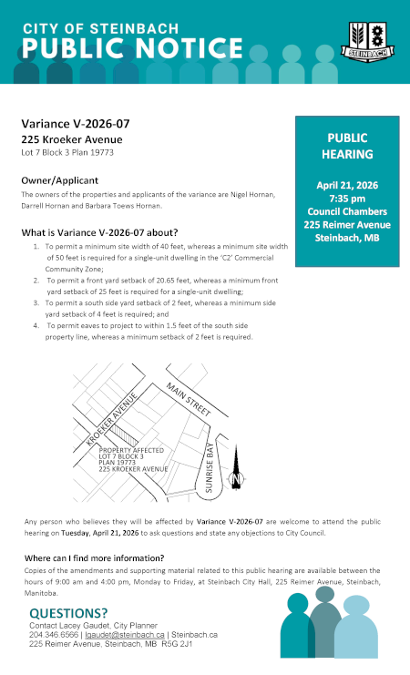 Page 1 of the Public Notice outlining Variance V-2026-07 (linked to file).