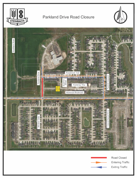 Map of Parkland Drive closure between Mckenzie Avenue and Rosebrook Trail in Steinbach; the map also outlines detour routes on Mckenzie Avenue, Parkhill Crescent and Rosebrook Trail. Linked to PDF of map.