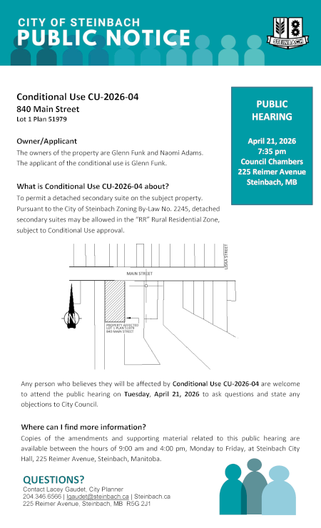 Page 1 of the Public Notice outlining Conditional Use CU-2026-04 (linked to file).