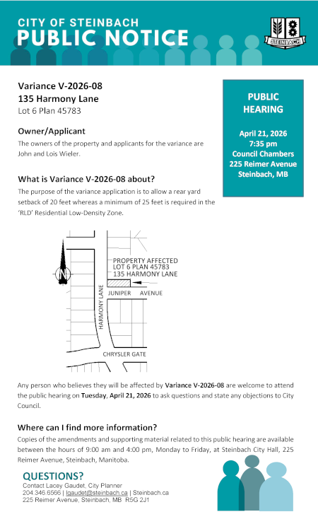 Page 1 of the Public Notice outlining Variance V-2026-08 (linked to file).