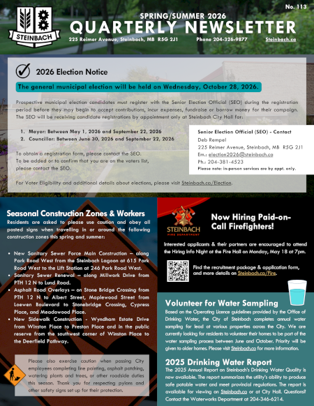 Page 1 of the City of Steinbach's 2026 Spring-Summer newsletter; linked to PDF of file.