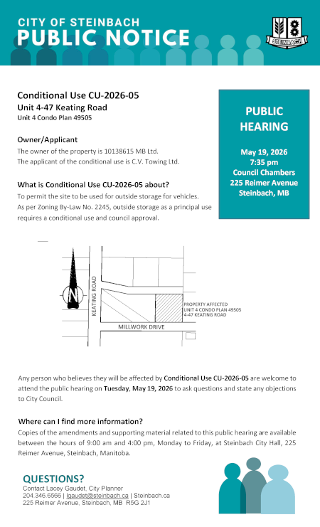 Page 1 of the Public Notice outlining Conditional Use CU-2026-05 (linked to file).