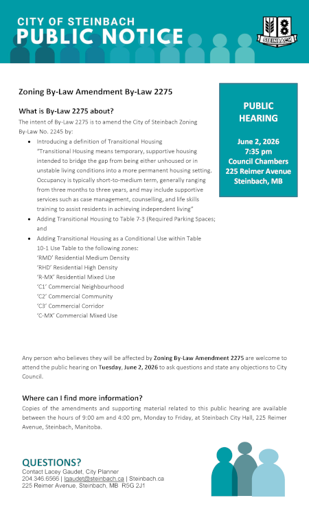 Page 1 of the Public Notice outlining Zoning By-Law Amendment By-Law 2275 (linked to file).