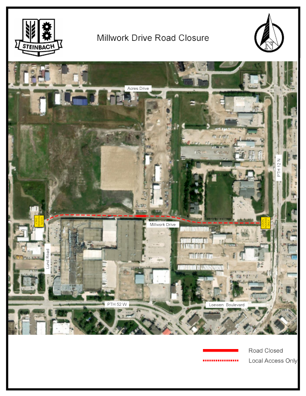 Map of Millwork Drive full road closure at 51 Millwork Drive, with local access only from Lund Road and PTH 12 N in Steinbach; linked to PDF of map.