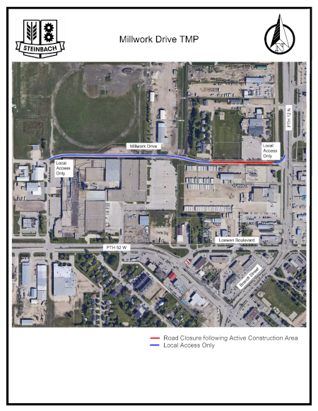 Map outlining the road closure following active construction on a portion of Millwork Drive west of PTH 12 N, and local access only on Millwork Drive between Lund Rd and PTH 12 N. Linked to PDF of Map.