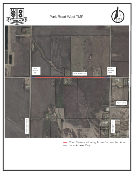 Map outlining a road closure and local access only on a portion of Park Road West between Keating Road and Twin Creek Road. Linked to PDF of Map.