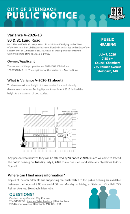 Page 1 of the Public Notice outlining Variance V-2026-13 (linked to file).