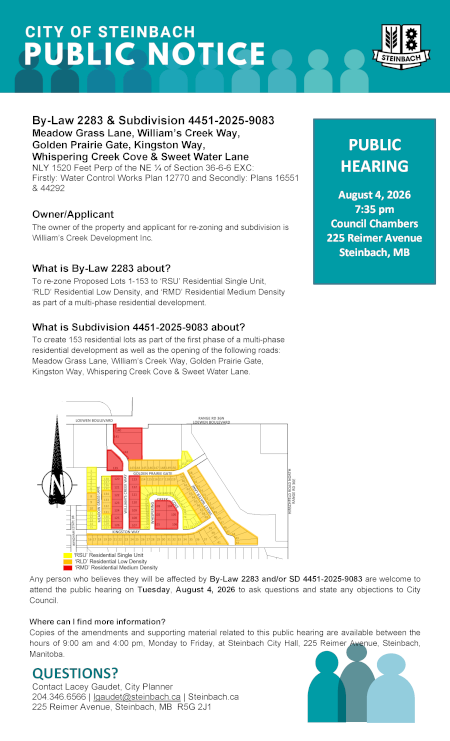 Page 1 of the Public Notice outlining By-Law 2283 & Subdivision 4451-2025-9083 (linked to file).