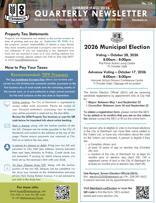 Page 1 of the City of Steinbach's 2026 Summer-Fall newsletter; linked to PDF of file.
